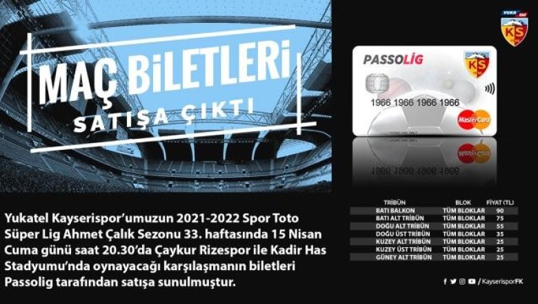 Kayserispor-Çaykur Rizespor Maçının Biletleri Açıklandı.